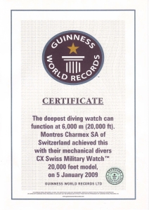 Certificate Guinness Book of World Records, 20'000 FEET
